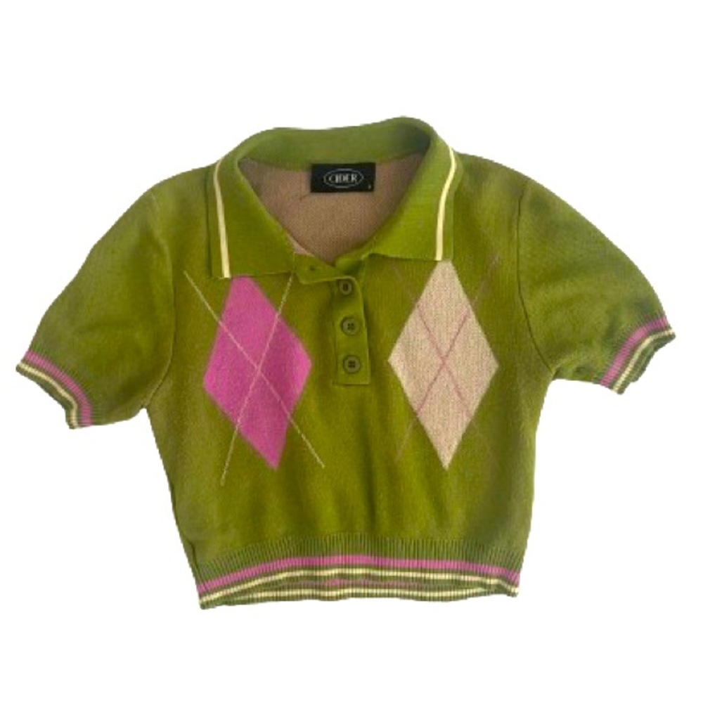 Cider Olive Green Argyle Crop Polo with Pink and Cream Diamonds